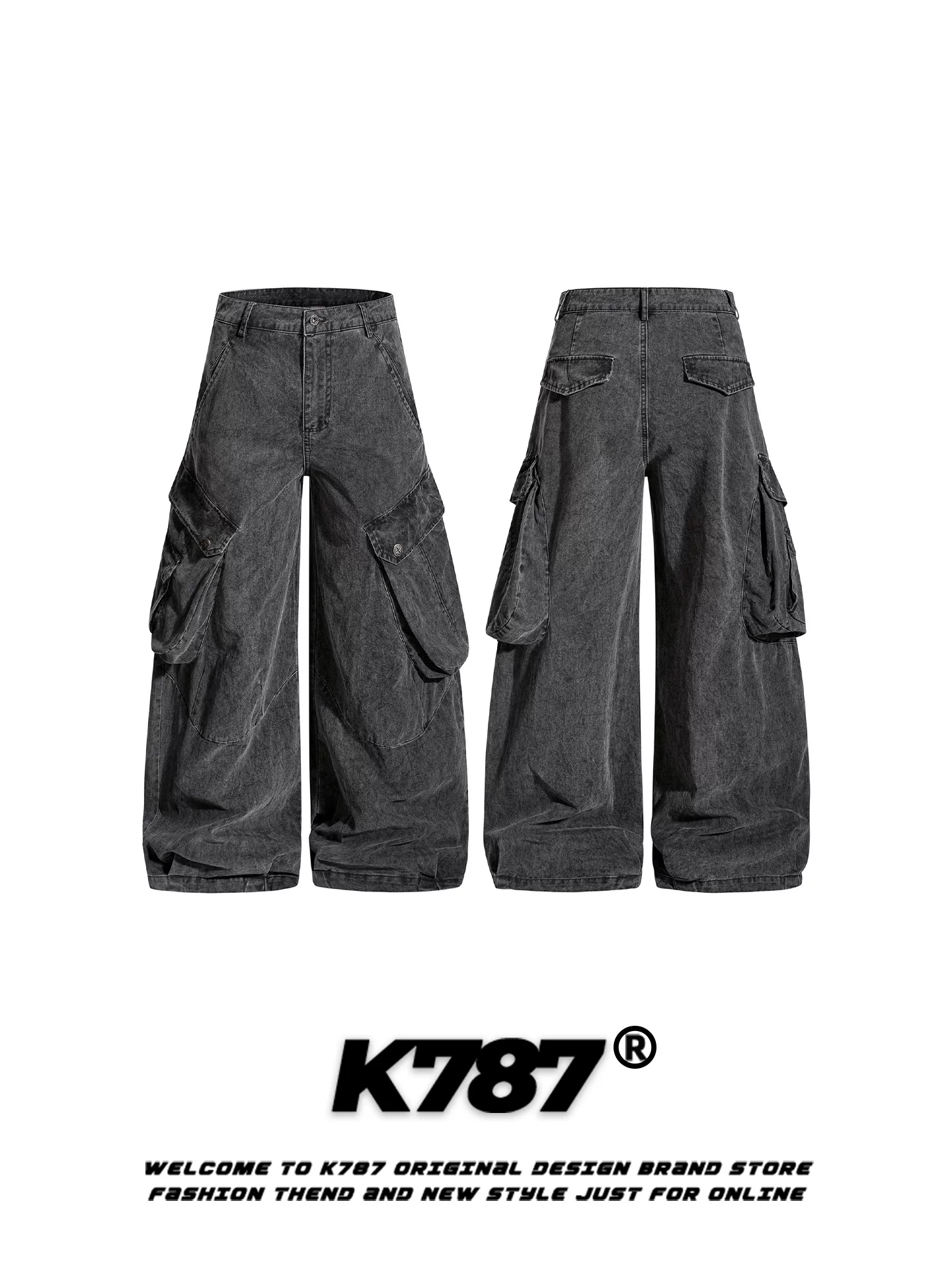 Quần K787 kiểu Mỹ cổ điển, nhiều túi, kiểu cargo, dáng xẻ tà, dành cho nam và nữ, dáng rộng, tôn dáng, cạp cao, dài chấm đất, ống rộng