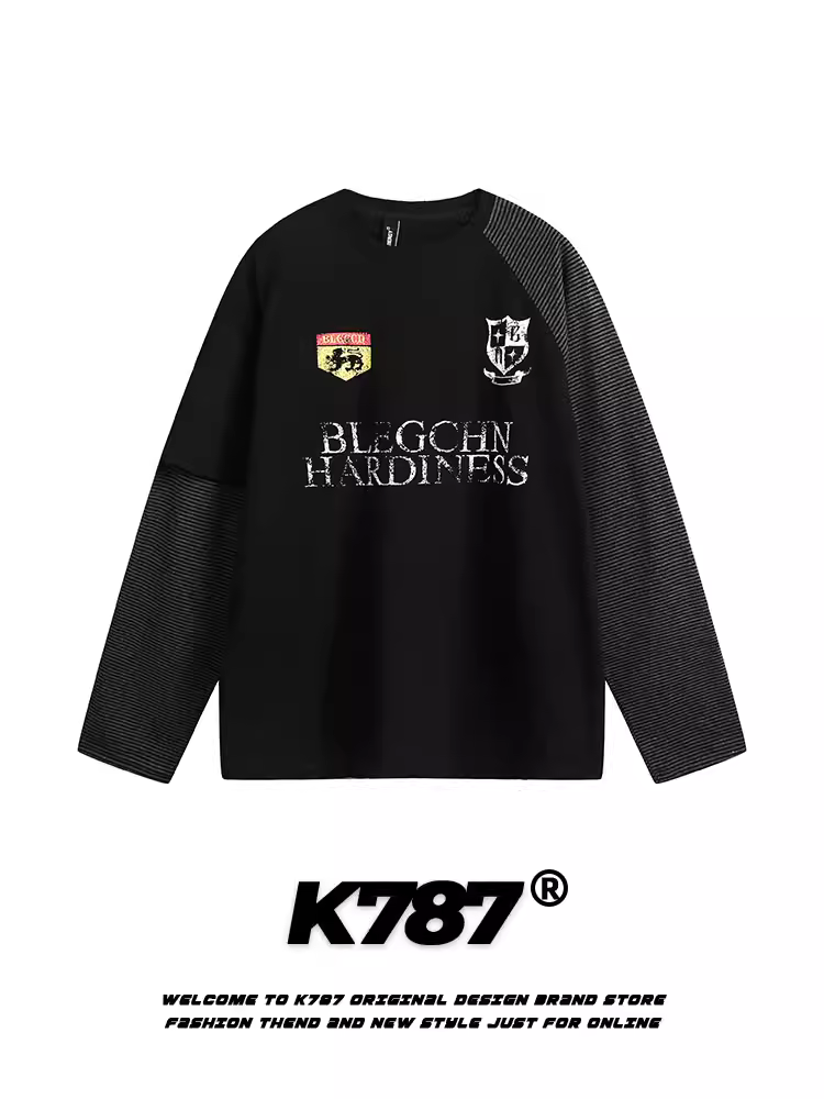 K787 Áo thun cổ lọ in họa tiết sọc cổ điển kiểu Mỹ unisex phong cách hip-hop, dáng dài bất quy tắc, tay dài