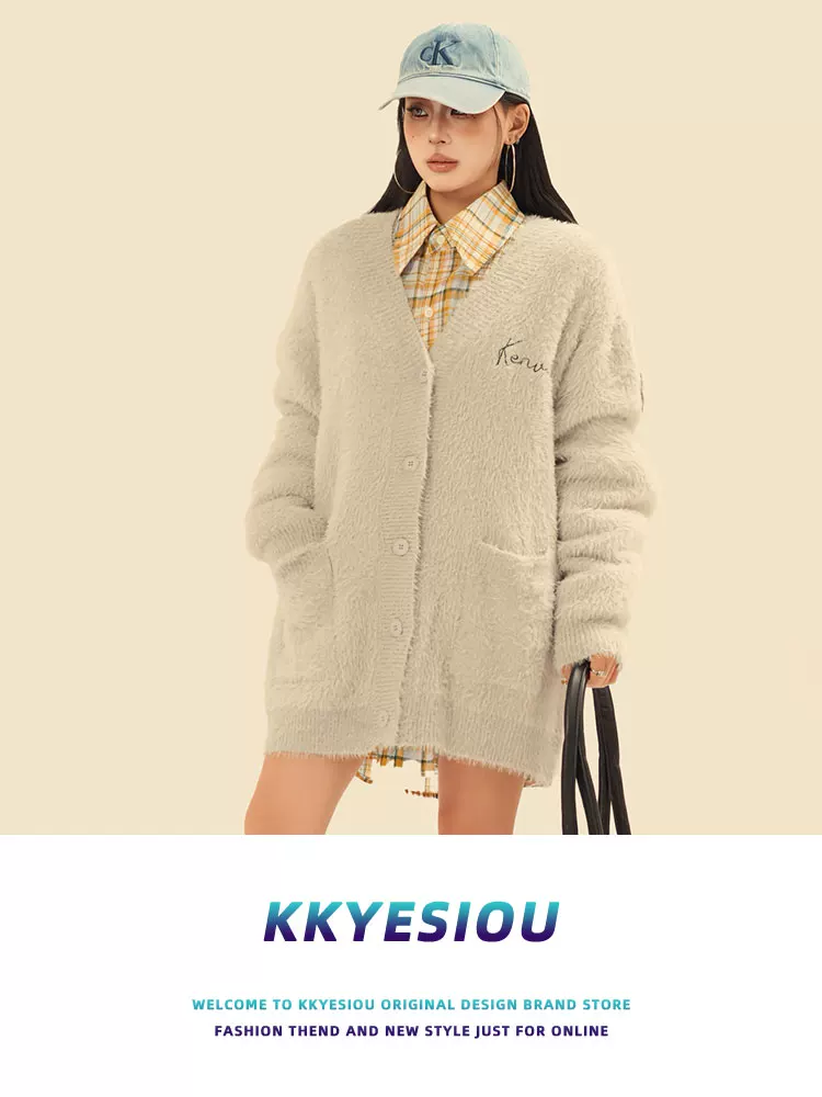 Áo cardigan dệt kim cổ chữ V phong cách đường phố Mỹ thêu lông mohair KKyesiou dành cho nam và nữ, áo khoác len cặp đôi phong cách lười biếng