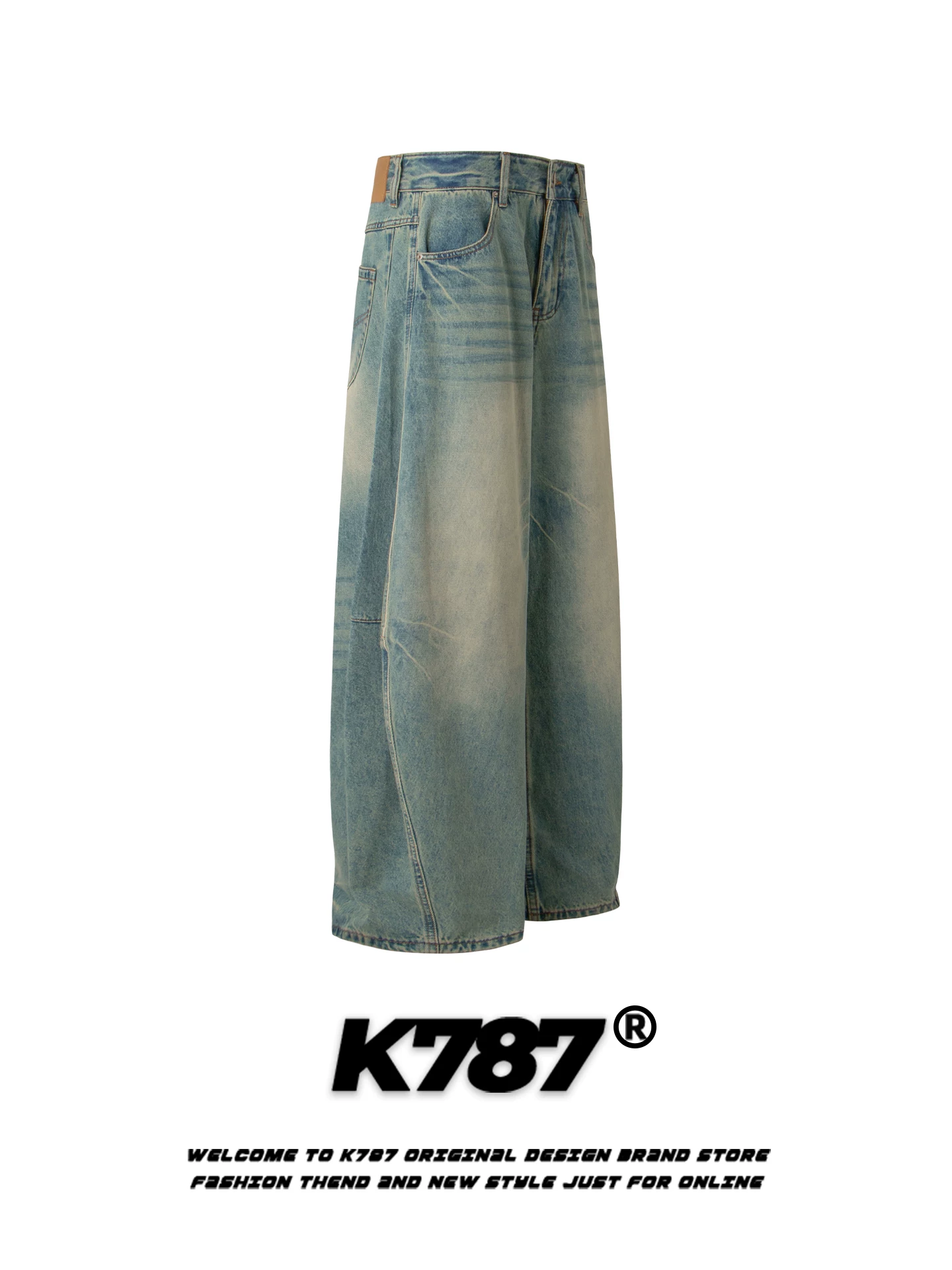 Quần jeans dáng rộng unisex K787 kiểu Mỹ cổ điển, xước, rách, dài chấm đất, ống rộng, phong cách casual