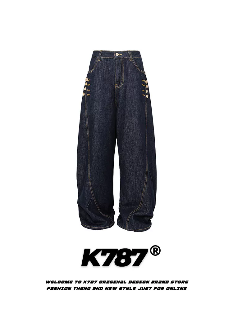 K787 Quần denim kiểu dáng cổ điển Mỹ, xu hướng quốc gia, cúc cài, unisex, xu hướng đường phố, dáng rộng, cạp cao, quần thẳng, phong cách thường ngày