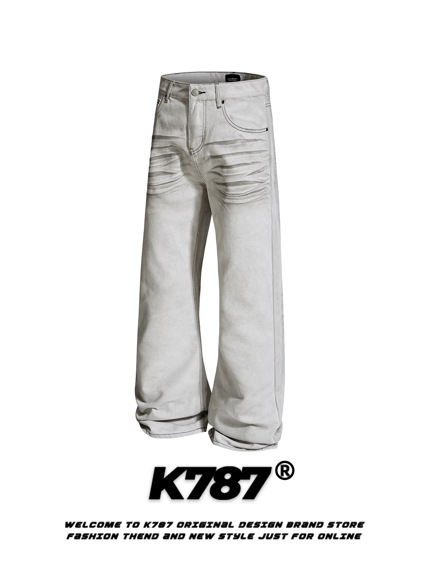 Quần jeans K787 kiểu Mỹ cổ điển, xước rách, dành cho nam và nữ, nhuộm màu cũ kỹ, dáng rộng, xu hướng thời trang, chất liệu nhăn, ống thẳng, ống rộng
