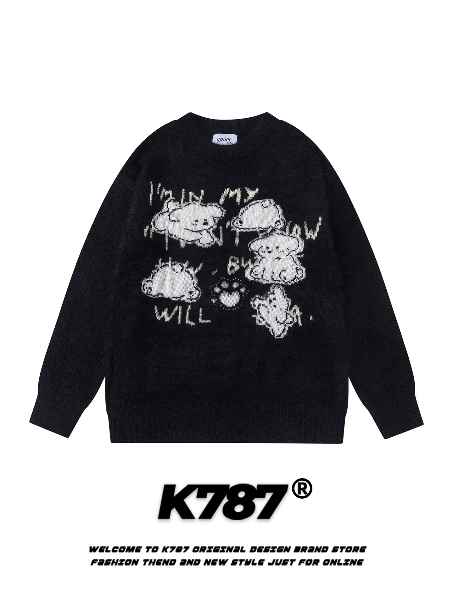 Áo len cổ tròn kiểu jacquard hình chú chó vui nhộn phong cách đại học Mỹ K787 dành cho nữ, kiểu dáng rộng rãi, thoải mái, ấm áp