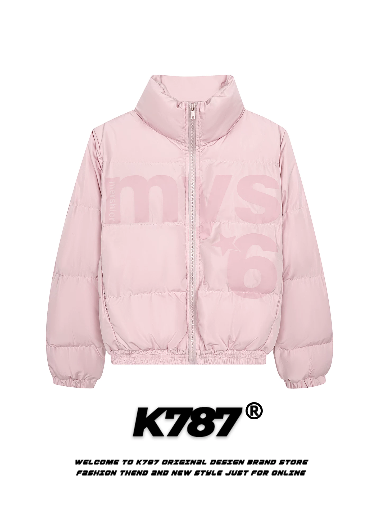 Áo khoác có cổ đứng màu hồng in chữ cổ điển kiểu Mỹ K787 dành cho nữ, áo khoác cotton dành cho cặp đôi, giảm tuổi tác, chần bông, ấm áp.