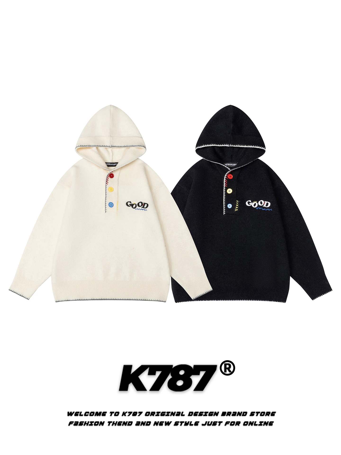 Áo khoác nỉ có mũ, kiểu đường phố Mỹ K787, thêu nhiều màu sắc, cài nút, unisex, phong cách đại học, chất liệu dệt kim, dáng rộng, dành cho cặp đôi