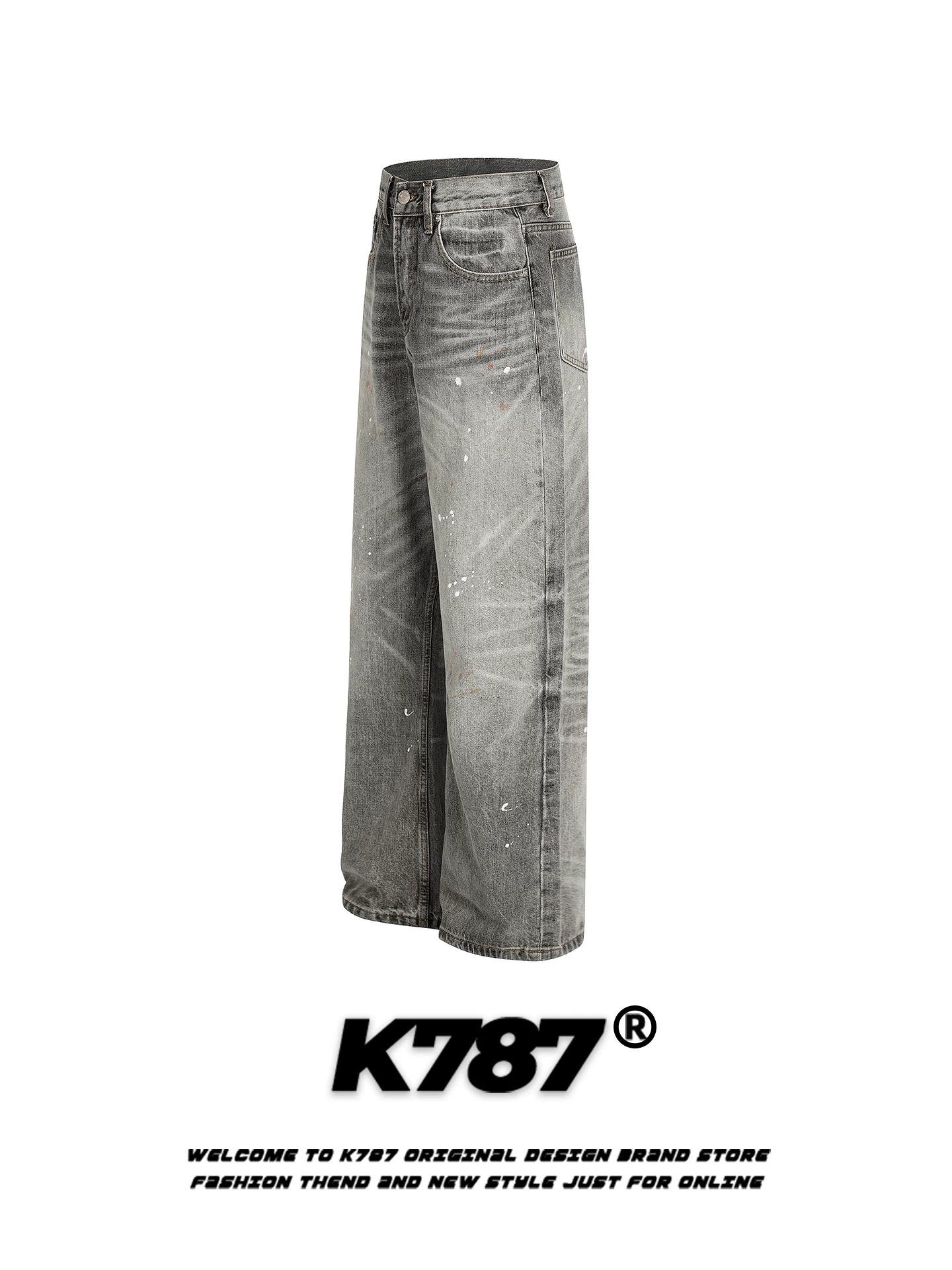 Quần jeans K787 kiểu Mỹ cổ điển, màu trắng phai, dành cho nam và nữ, dáng rộng, thời trang đường phố, cạp cao, kiểu dáng xu hướng, quần ống rộng, ống thẳng, phong cách thường ngày