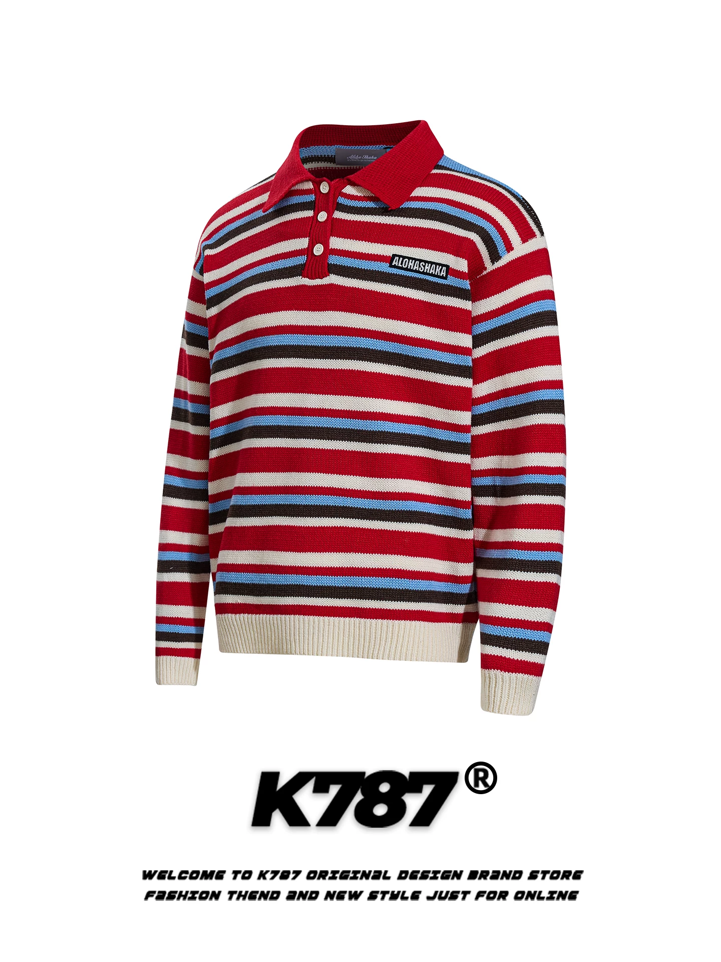 K787 Áo len cổ polo sọc phong cách đường phố Mỹ unisex dáng rộng xu hướng quốc gia đi lại đa năng cặp đôi dệt kim
