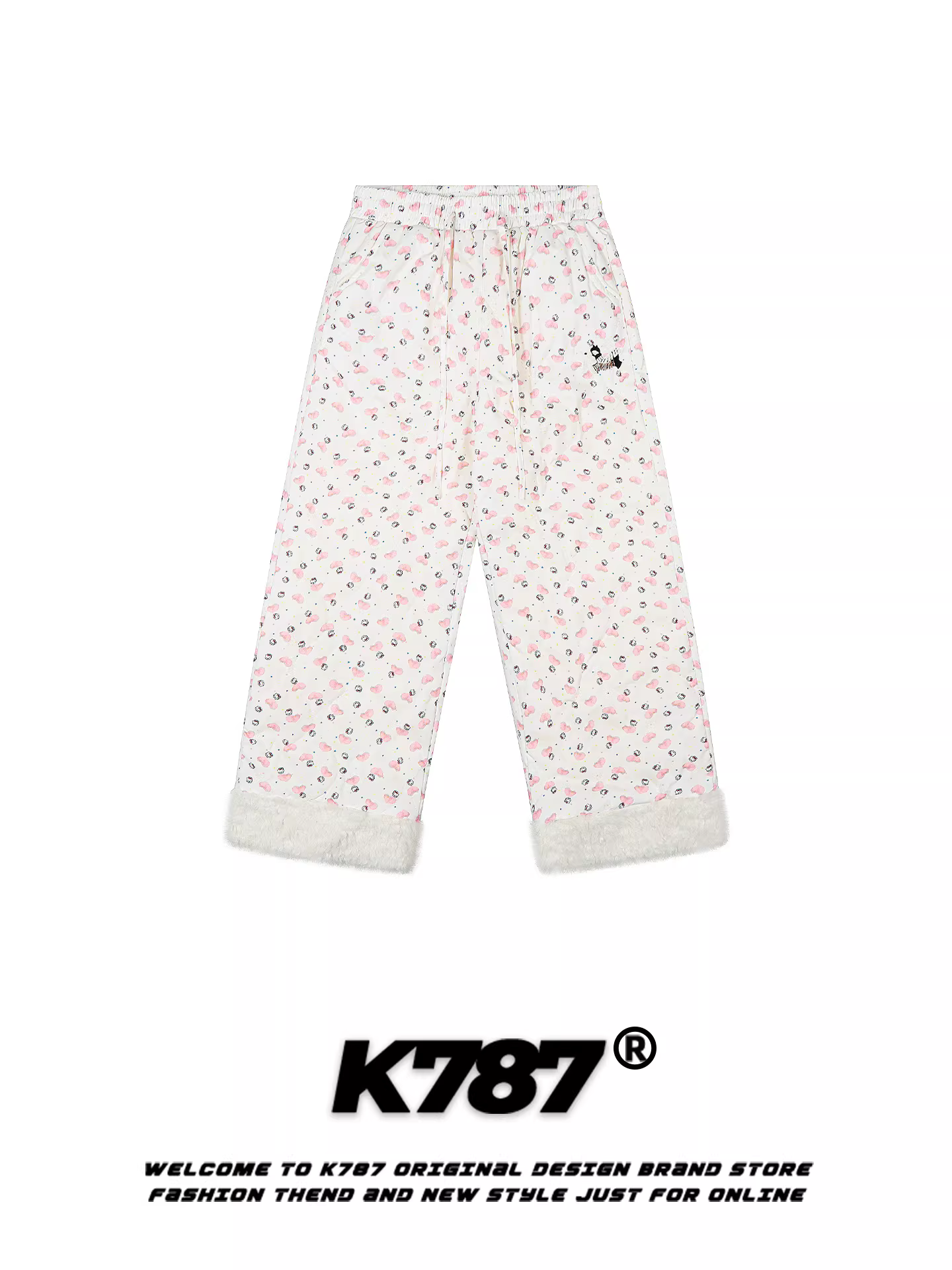 Quần nữ K787 kiểu Mỹ, in họa tiết mèo KT toàn thân, cạp bo, phối len cừu, dày dặn, ấm áp, dáng thẳng rộng.