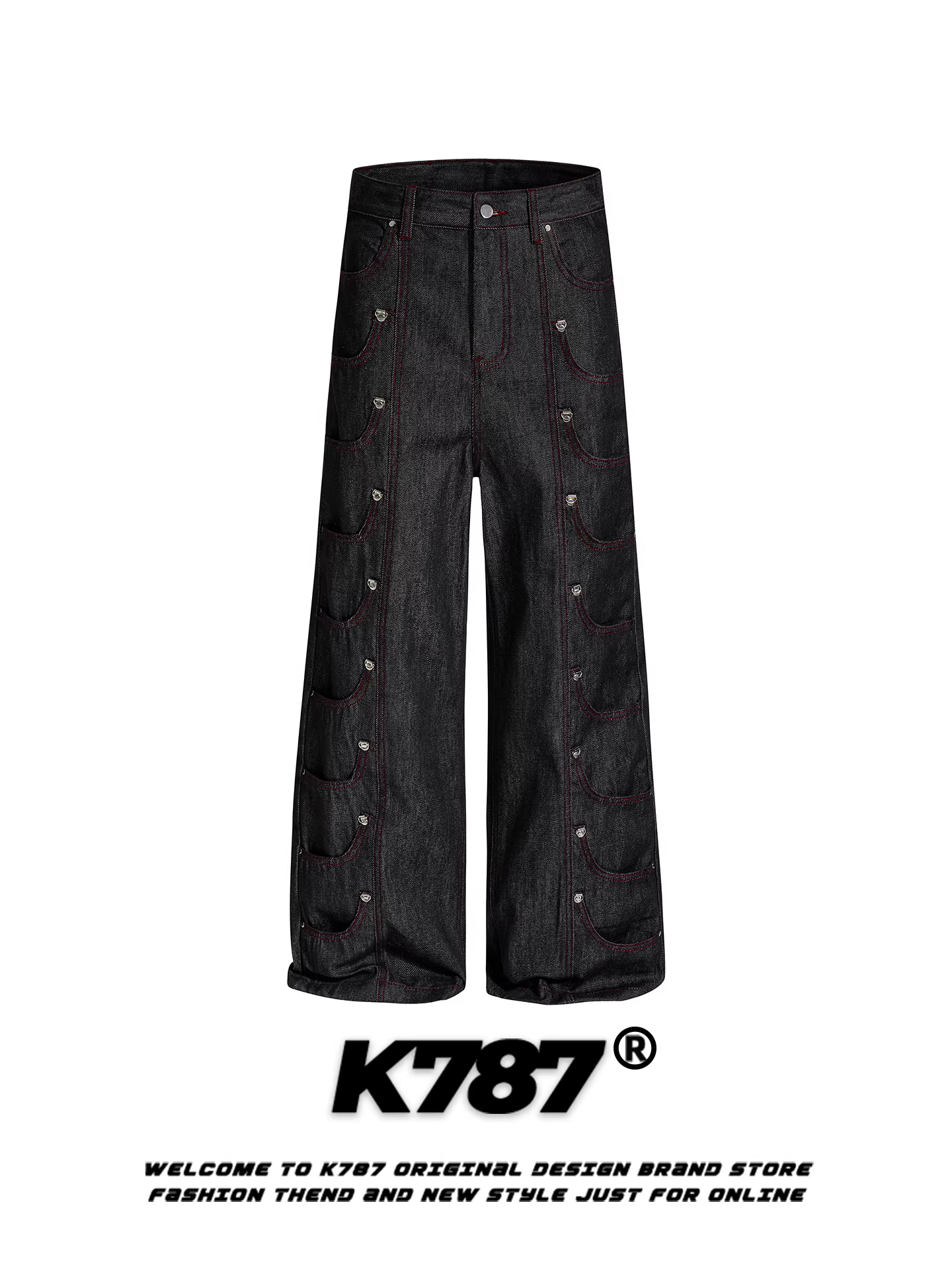 Quần jeans thiết kế nhiều túi kiểu Mỹ cổ điển K787 dành cho nam và nữ, xu hướng quốc gia, dáng rộng, trang trí kim loại, ống thẳng, ống rộng