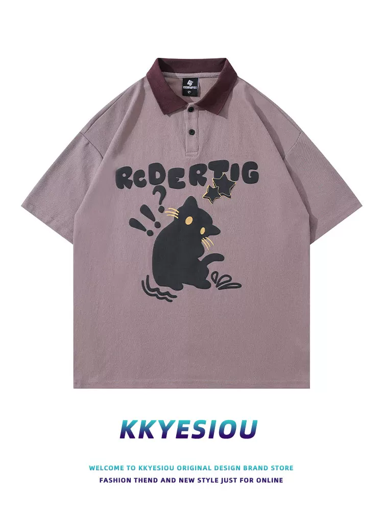 Áo sơ mi POLO ngắn tay in hình mèo phong cách Nhật Bản KKyesiou dành cho nam và nữ, áo đôi rộng rãi và đa năng