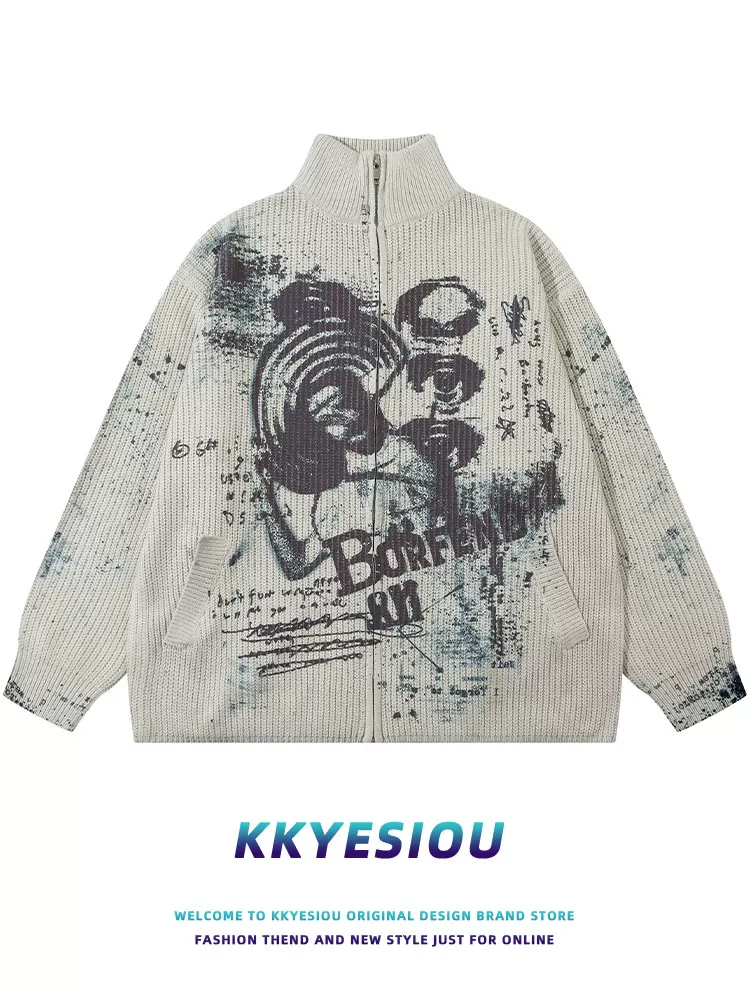 Áo len cổ đứng in chữ graffiti phong cách retro Mỹ thời thượng của KKyesiou dành cho nam và nữ, áo len hip-hop cá tính