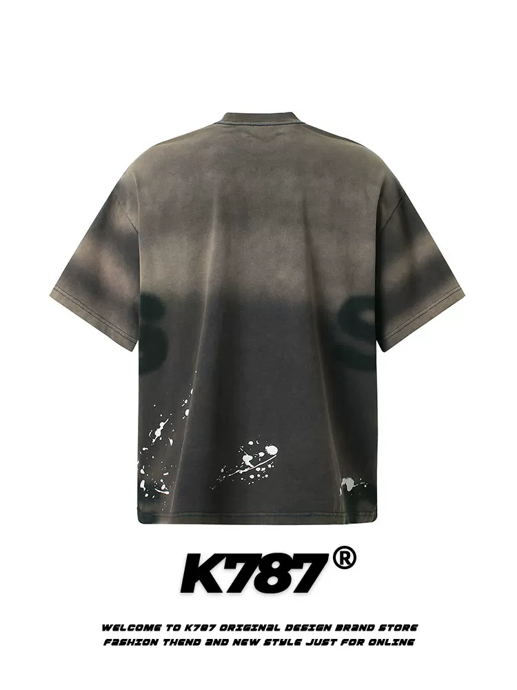 K787 Áo thun ngắn tay họa tiết graffiti phong cách retro Mỹ dành cho nam và nữ áo thun quá khổ áo thun hip-hop dành cho cặp đôi