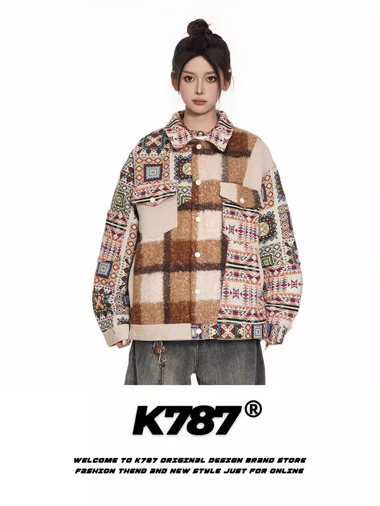 Áo khoác chắp vá thêu phong cách dân tộc cổ điển Mỹ K787 dành cho nam và nữ, thiết kế độc đáo Áo khoác cặp đôi đảo Feynman
