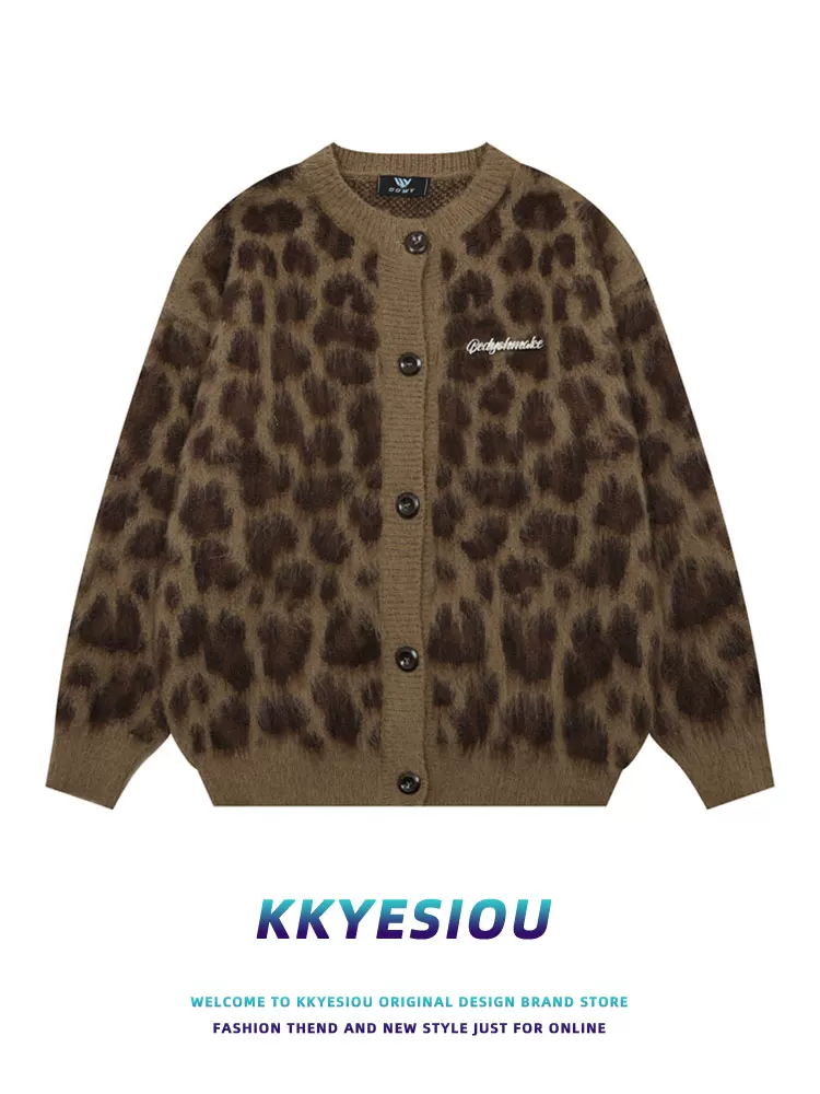 Áo cardigan dệt kim họa tiết da báo cổ điển kiểu Mỹ KKyesiou dành cho nam và nữ, áo khoác cặp đôi cao cấp phong cách lười biếng độc đáo