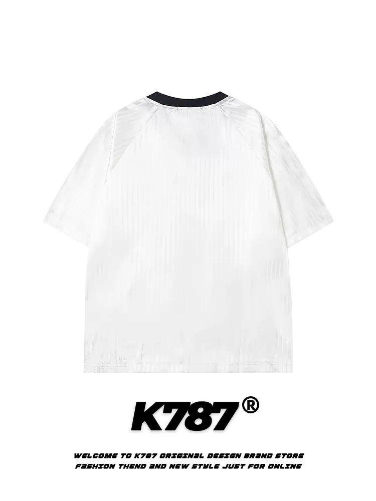 K787 Áo thun ngắn tay phong cách đường phố Mỹ kitty cat phong cách lười biếng dành cho nam và nữ blokecore sọc thể thao y2k jersey