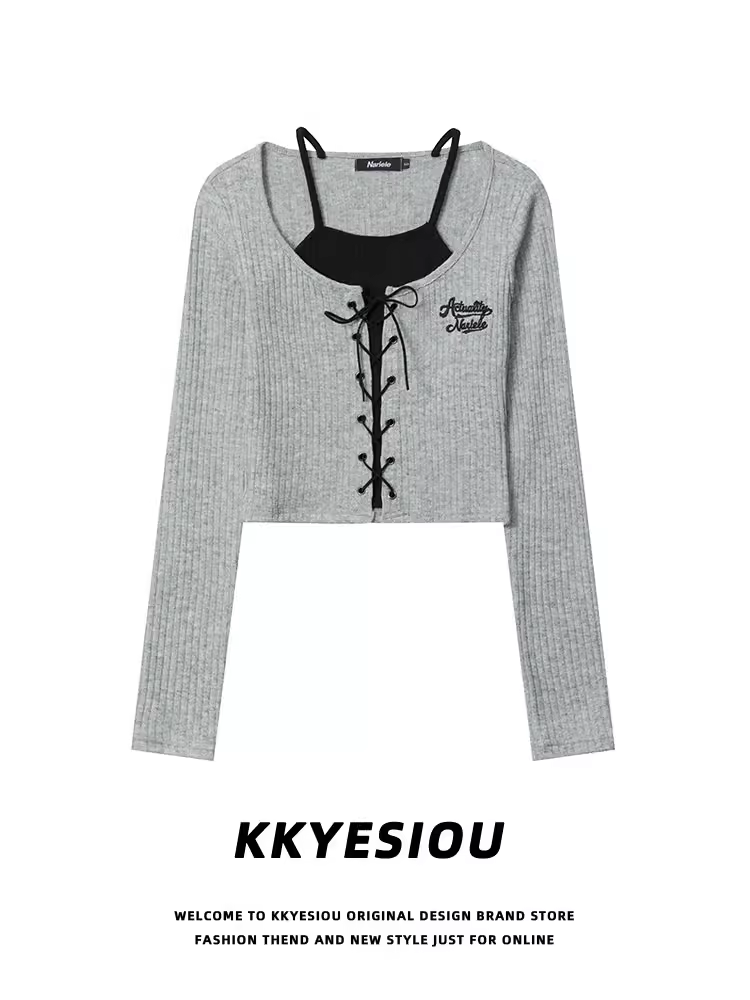 Áo len nữ kiểu KKyesiou, phong cách BM, giả hai mảnh, cổ halter, ngắn, kiểu thường, dây đeo bụng, phong cách học sinh, dệt kim, thường ngày