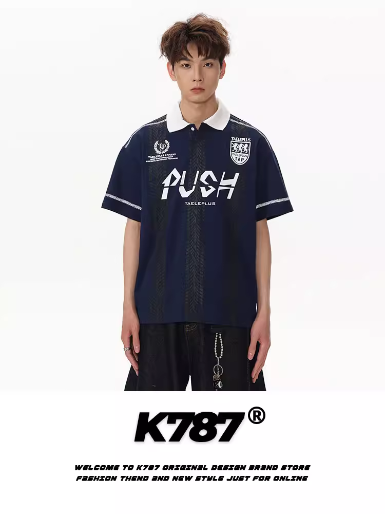 K787 Áo thun polo thể thao phong cách retro Mỹ unisex đường phố blokecore áo thun ngắn tay mùa hè