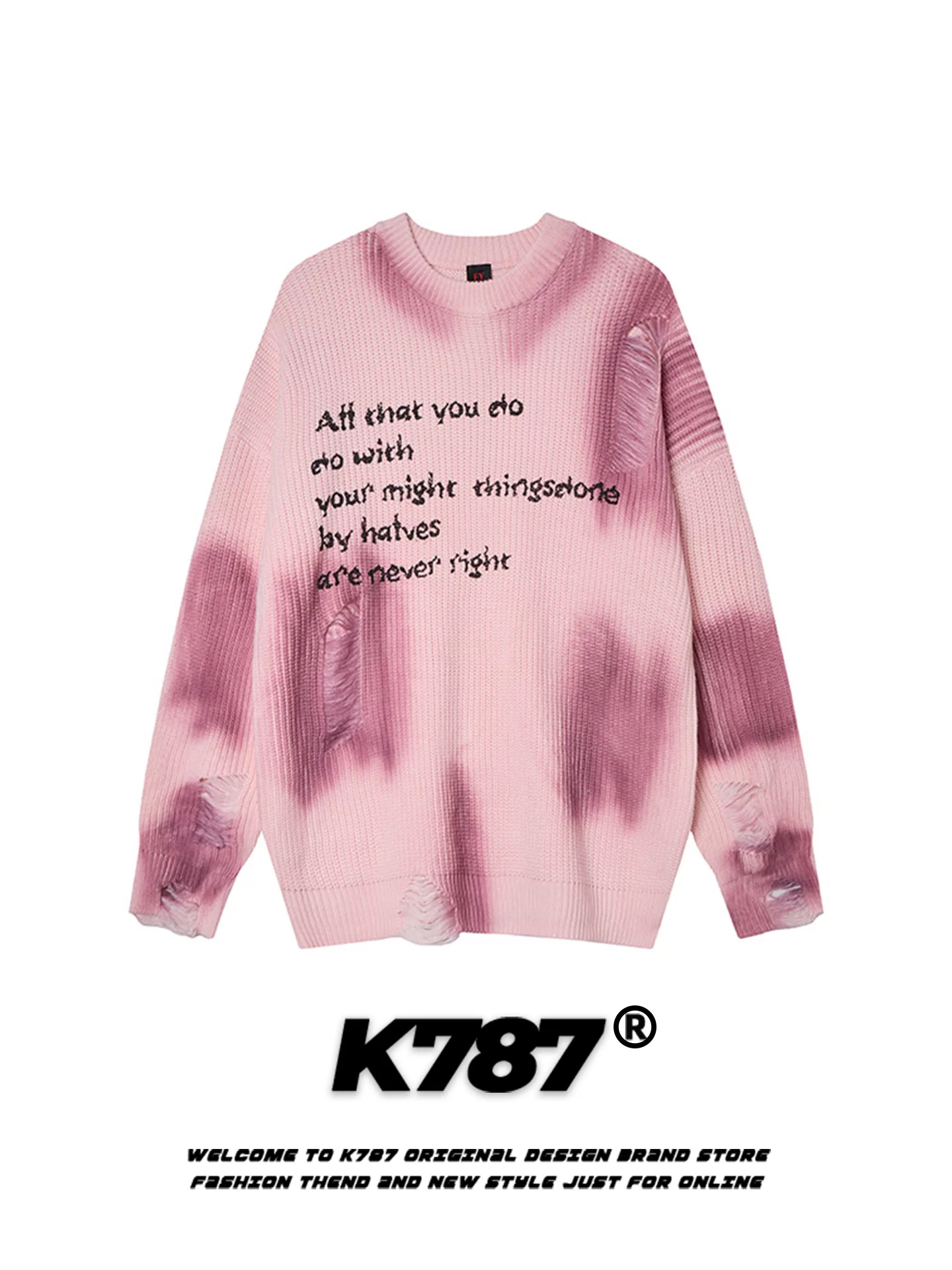 Áo len cổ tròn phối màu tie-dye kiểu Mỹ cổ điển K787 dành cho nam và nữ, có chữ in cũ kỹ, phong cách lười biếng, kiểu dáng rộng rãi, đồ dệt kim dành cho cặp đôi.
