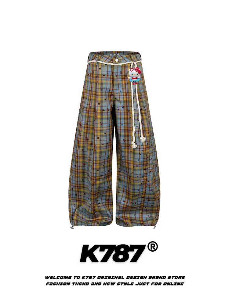Quần âu kiểu Mỹ cổ điển K787 họa tiết hoa caro, unisex, dáng rộng, ống rộng, cạp cao, kiểu dáng xòe.