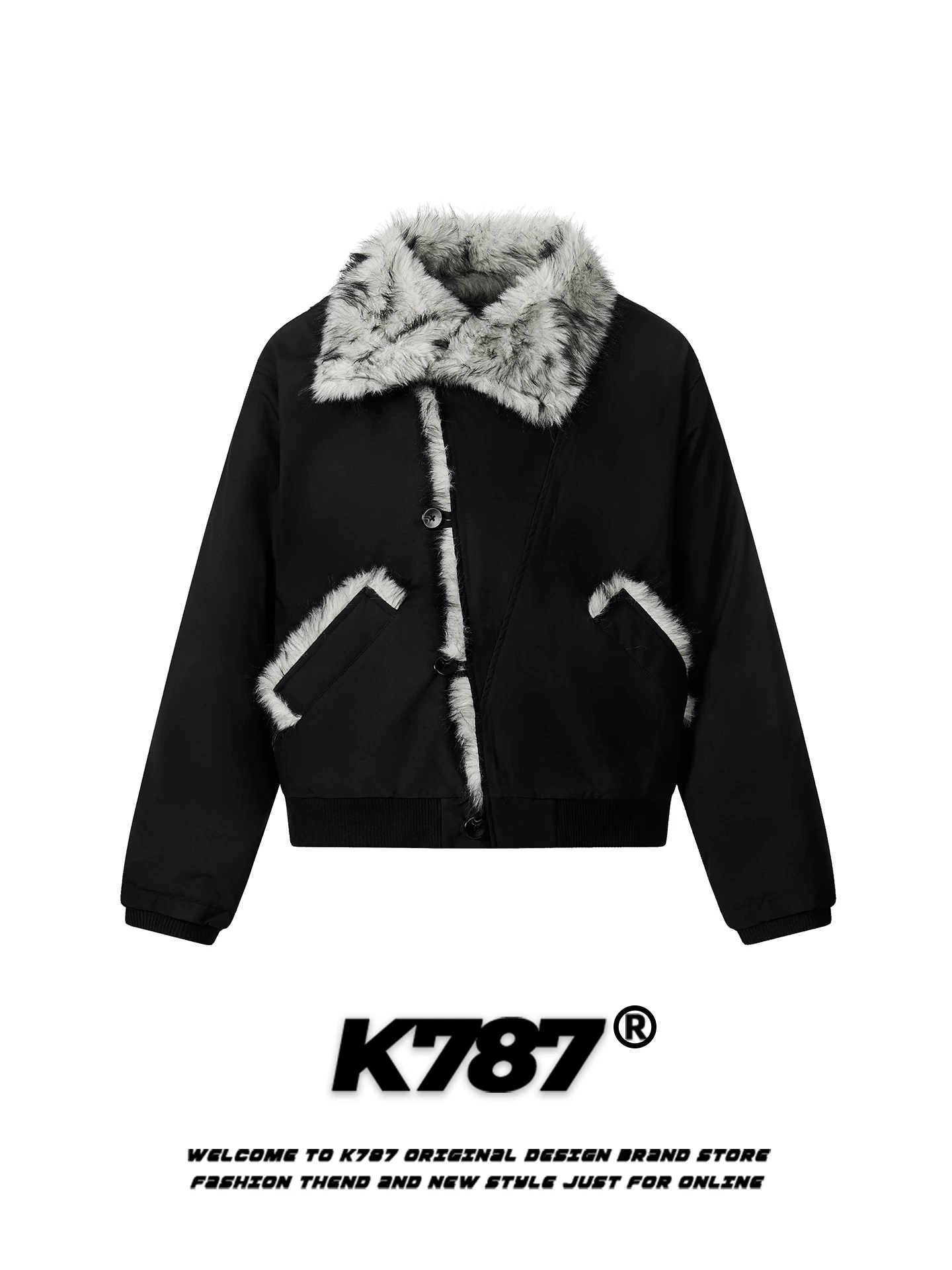 Áo khoác cotton cổ lông phối màu phong cách retro Mỹ K787 dành cho nam và nữ, phong cách lười biếng mùa thu đông, áo khoác cotton cặp đôi hợp thời trang