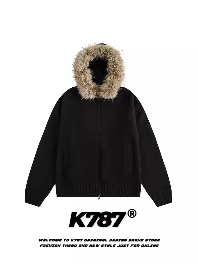 Áo khoác cardigan len dệt kim dáng rộng, có mũ trùm đầu, cổ lông tháo rời, kiểu dáng cổ điển Mỹ, unisex, màu trơn, mã K787