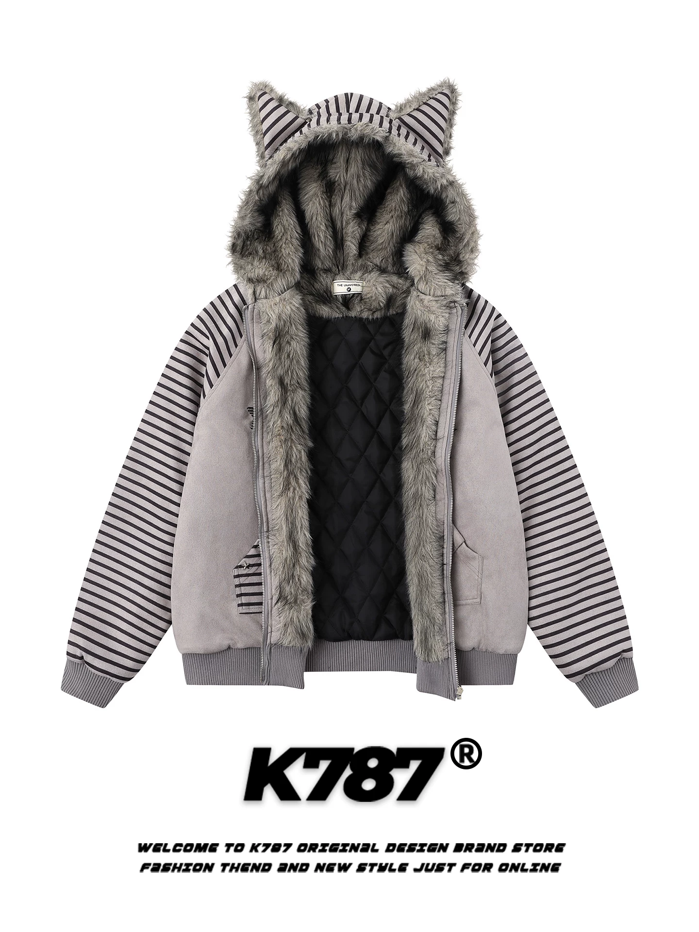 Áo khoác cotton có mũ trùm đầu hình tai mèo sọc cổ điển kiểu Mỹ K787 dành cho nam và nữ, áo khoác cardigan cotton dày dặn và ấm áp dành cho cặp đôi.
