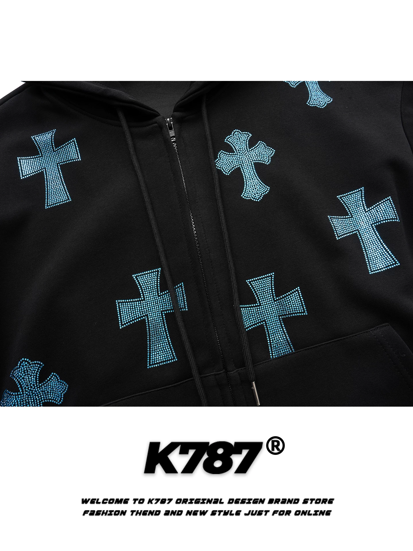 Áo khoác có mũ trùm đầu kiểu dáng unisex, phong cách gothic, chất liệu thun, đính đá giả kim cương, kiểu dáng rộng rãi, thoải mái, dành cho cặp đôi, phong cách retro Mỹ, mã K787