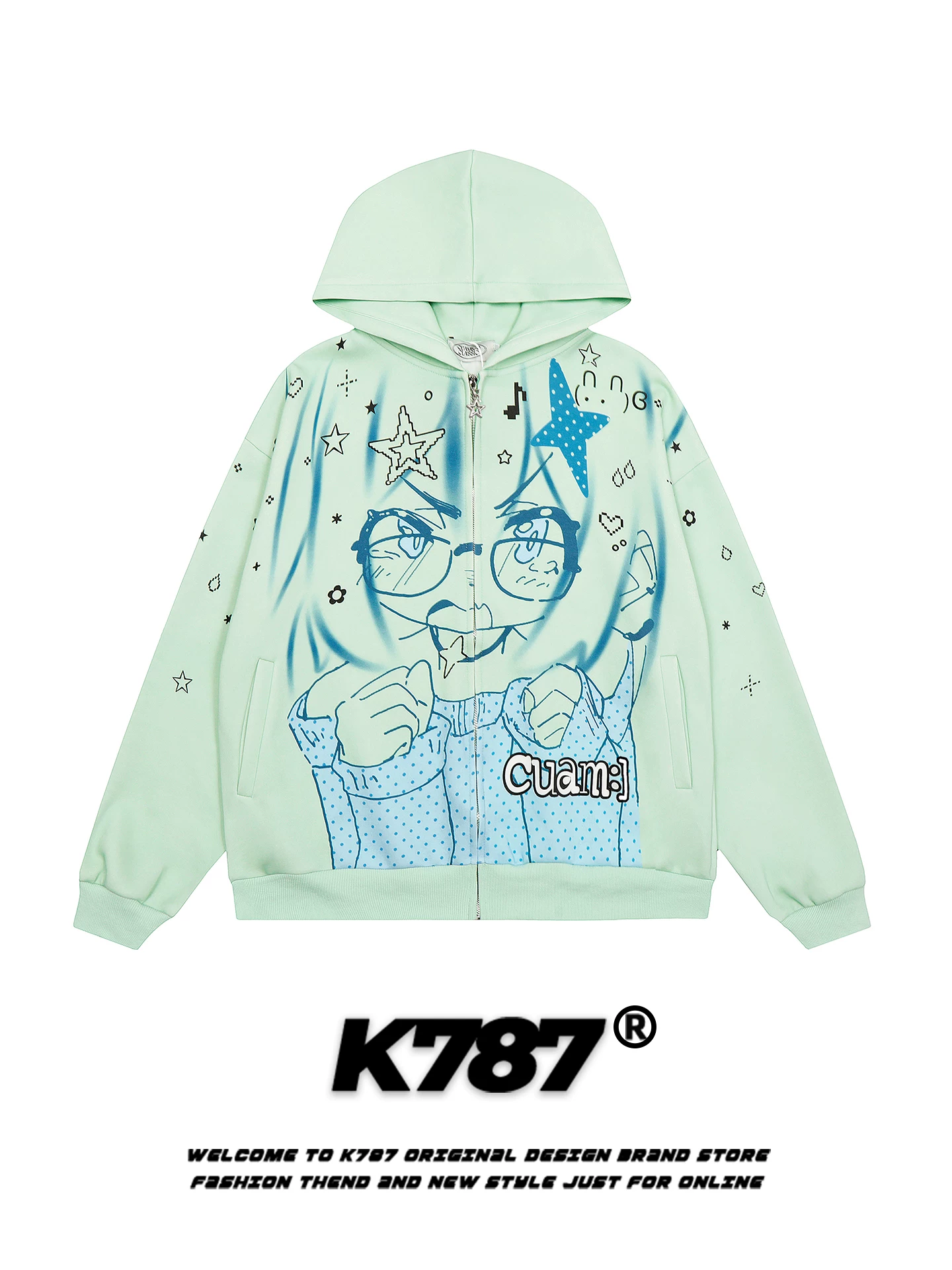 Áo hoodie K787 phong cách đường phố Mỹ dành cho nam và nữ, phong cách anime dễ thương, áo khoác cardigan cặp đôi dáng rộng, phong cách giản dị