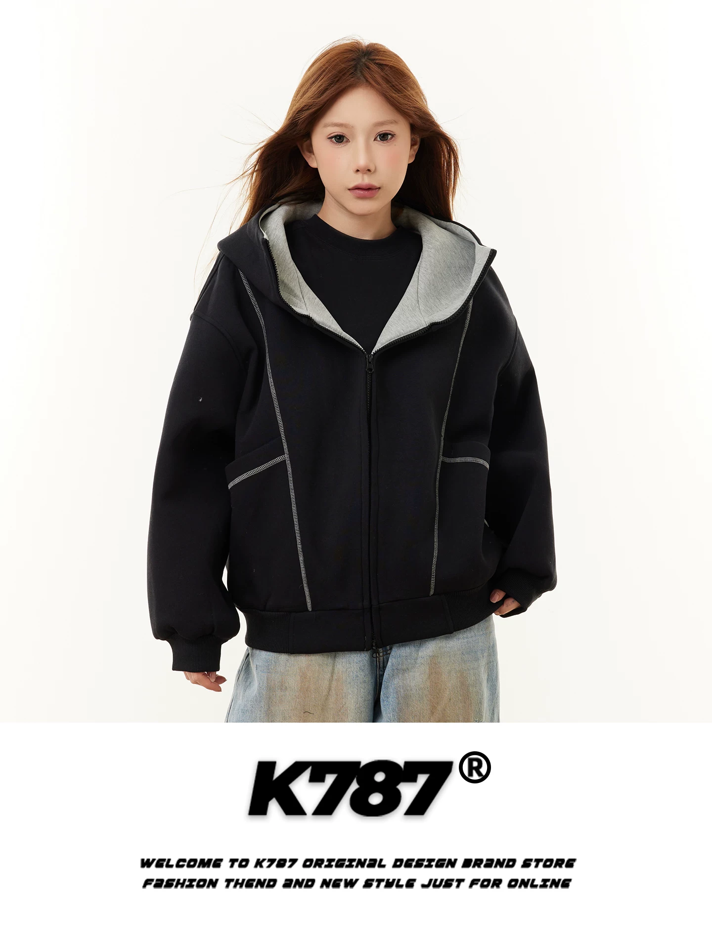Áo hoodie thêu chữ phong cách đường phố Mỹ K787 dành cho nam và nữ, dáng rộng, đường may lộ, áo khoác cặp đôi ngoại cỡ, hợp thời trang.