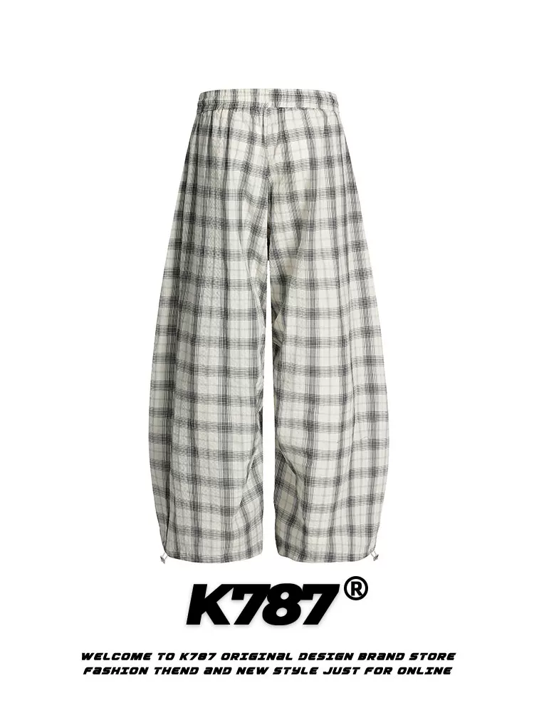 Quần kaki xếp ly kẻ caro kiểu Mỹ cổ điển K787, unisex, dáng rộng, chất liệu dù, cạp cao, phong cách đường phố, múa, kiểu dáng lửng.