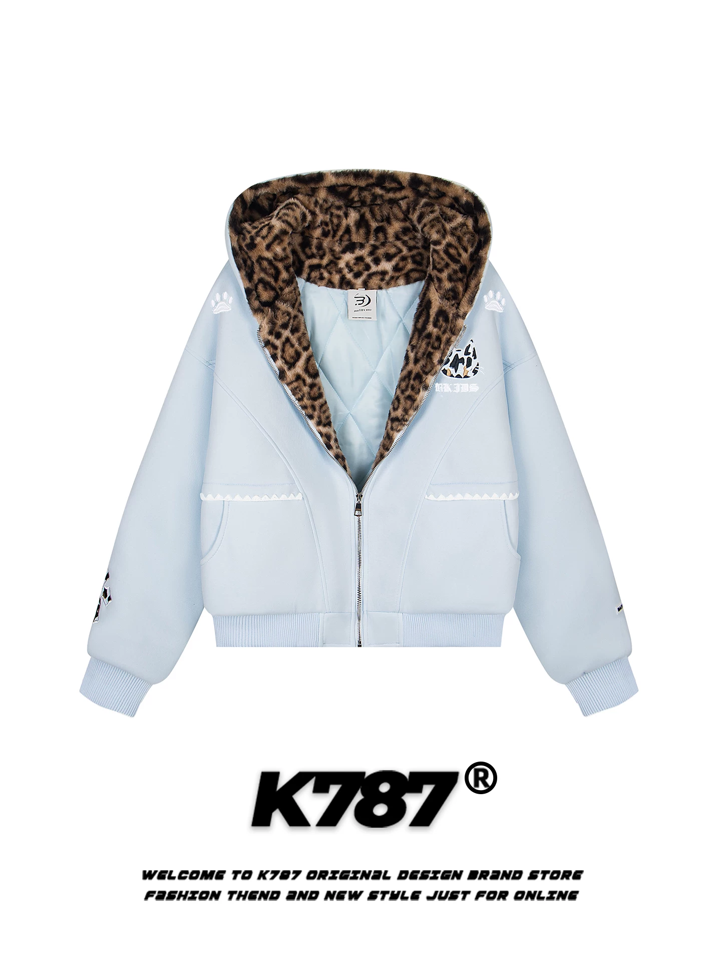 Áo khoác cotton có mũ trùm đầu in hình báo đốm phong cách retro Mỹ K787, thêu hình mèo, thương hiệu thời trang, lót bông ấm áp mùa đông, màu hồng, dành cho cặp đôi.
