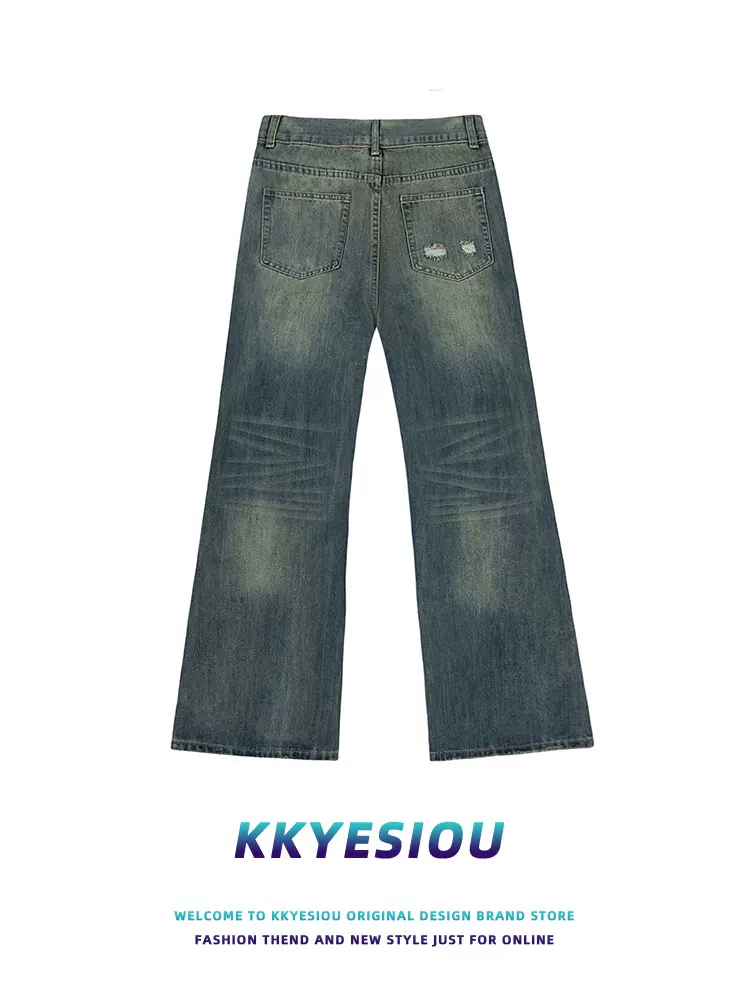 KKyesiou dopamine hoạt hình dễ thương chắp vá quần denim giản dị unisex phong cách retro Mỹ thương hiệu hợp thời trang dễ thương chân thẳng