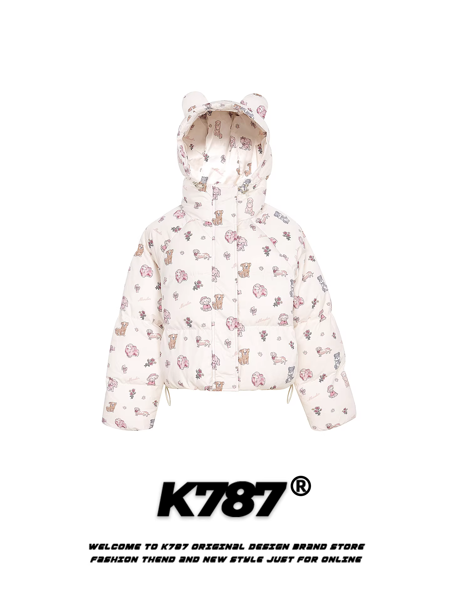 Áo khoác cotton có mũ trùm đầu in hình tai chó dễ thương phong cách Mỹ K787 dành cho nữ, áo khoác ngắn dày dặn giữ ấm mùa đông