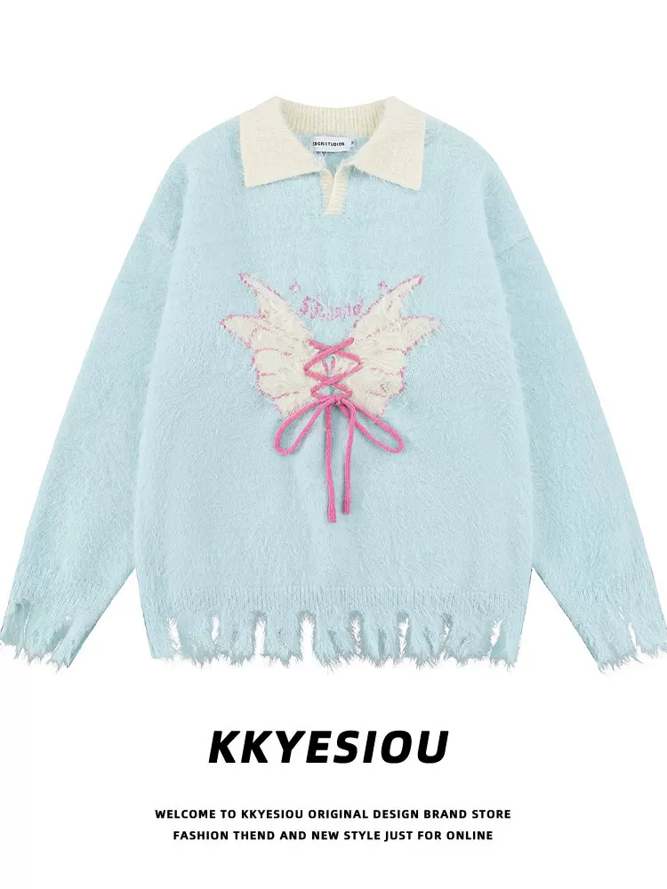 Áo len cặp đôi phong cách preppy thời thượng kiểu Mỹ KKyesiou, màu xanh sữa dopamine, chất liệu len dệt kim, unisex.