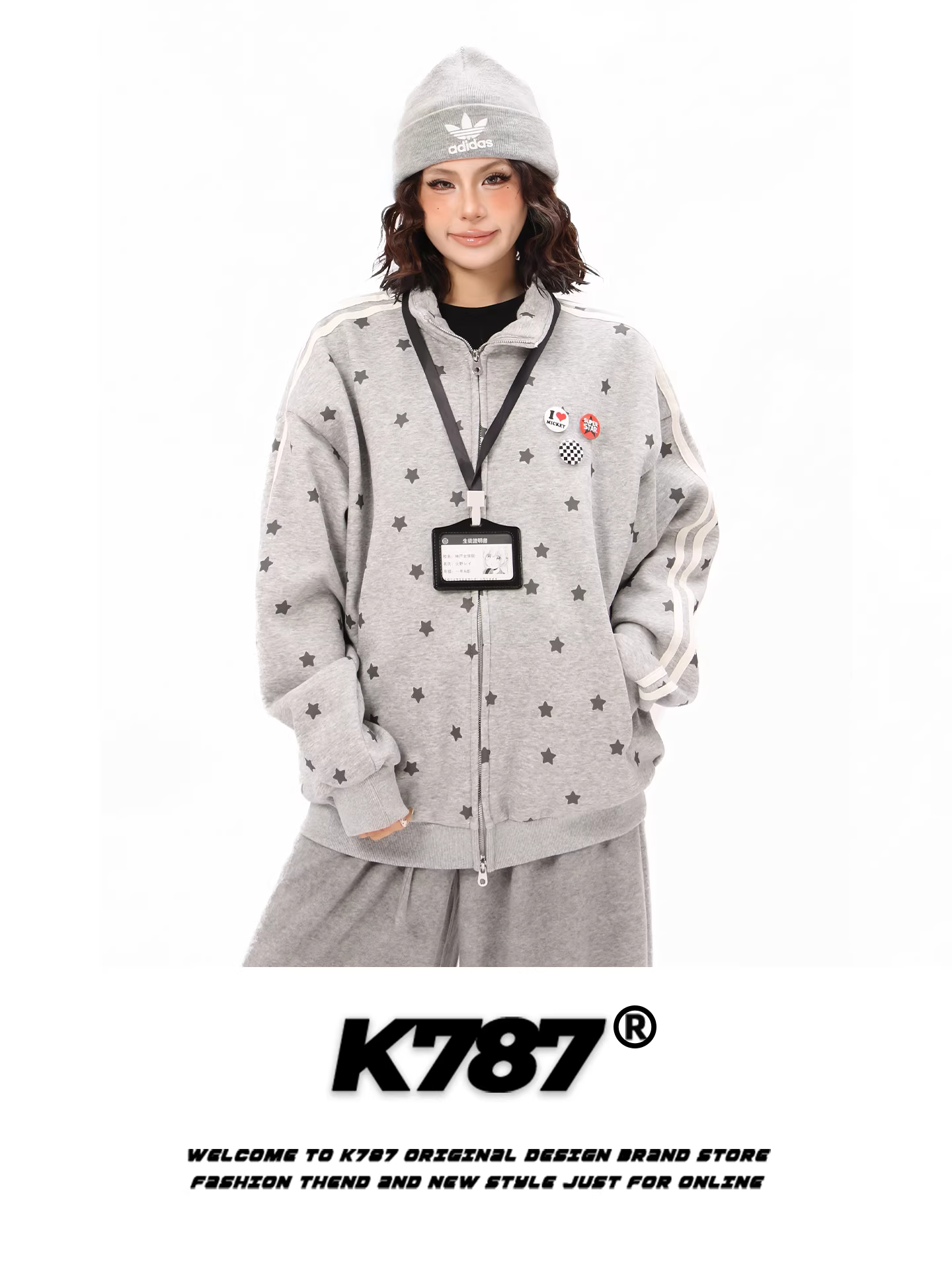 Áo khoác có khóa kéo in hình ngôi sao phong cách đường phố Mỹ K787 dành cho nam và nữ, thương hiệu hợp thời trang, áo khoác cặp đôi ấm áp có lót lông cừu dáng rộng, giản dị