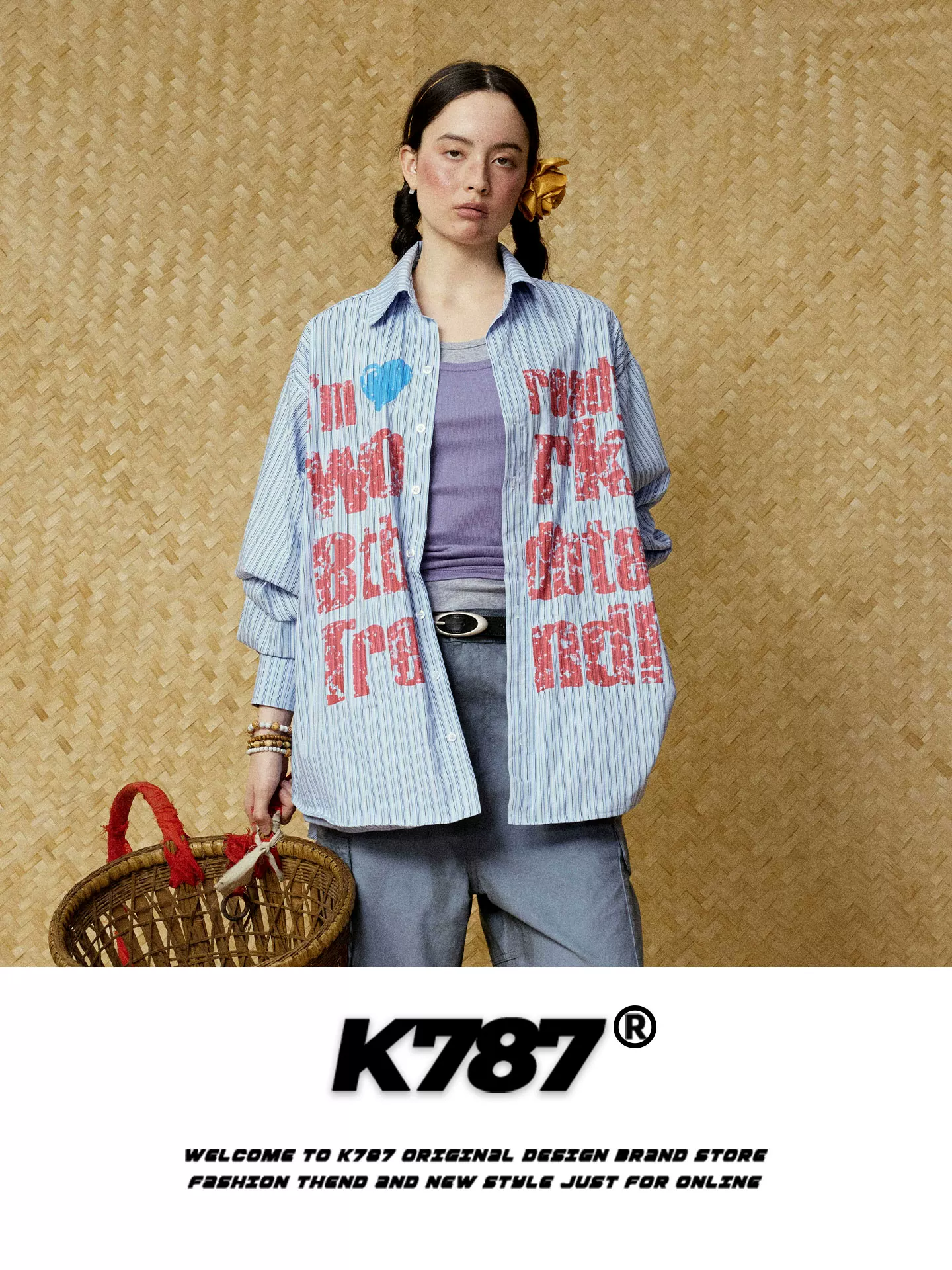 Áo sơ mi dài tay unisex kiểu đường phố Mỹ K787, họa tiết trái tim rách, sọc, thời trang, dáng rộng, áo khoác cặp đôi
