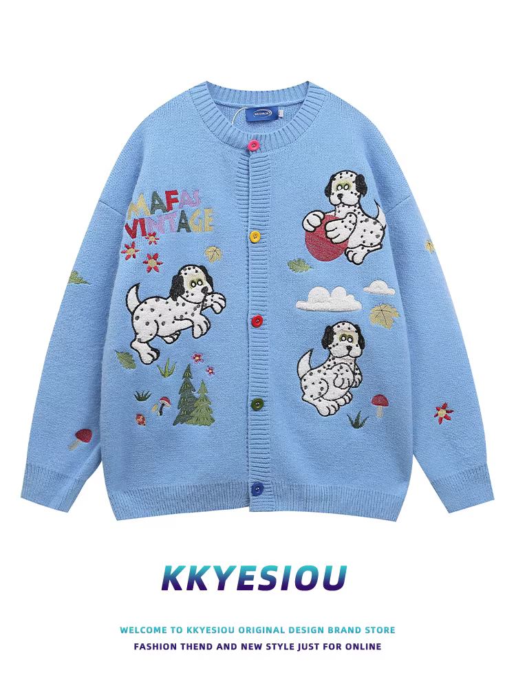 Áo cardigan len dệt kim màu xanh thêu hình chó theo phong cách retro Mỹ, unisex, đa năng, áo khoác cặp đôi