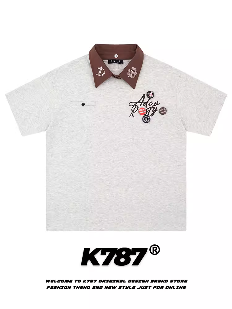 Áo polo cổ tháo rời phong cách retro Mỹ K787 dành cho nam và nữ, áo cặp thêu ghim phong cách đại học cho mùa hè