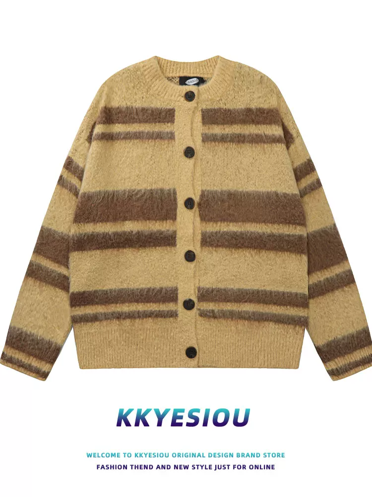 Áo cardigan dệt kim sọc phong cách retro Mỹ KKyesiou dành cho nam và nữ, áo khoác len cặp đôi mùa thu đông