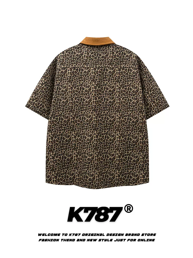 K787 Áo sơ mi ngắn tay họa tiết da báo cổ điển Mỹ Hello Kitty dành cho nam và nữ cổ điển đường phố cao cấp hiphop áo đôi