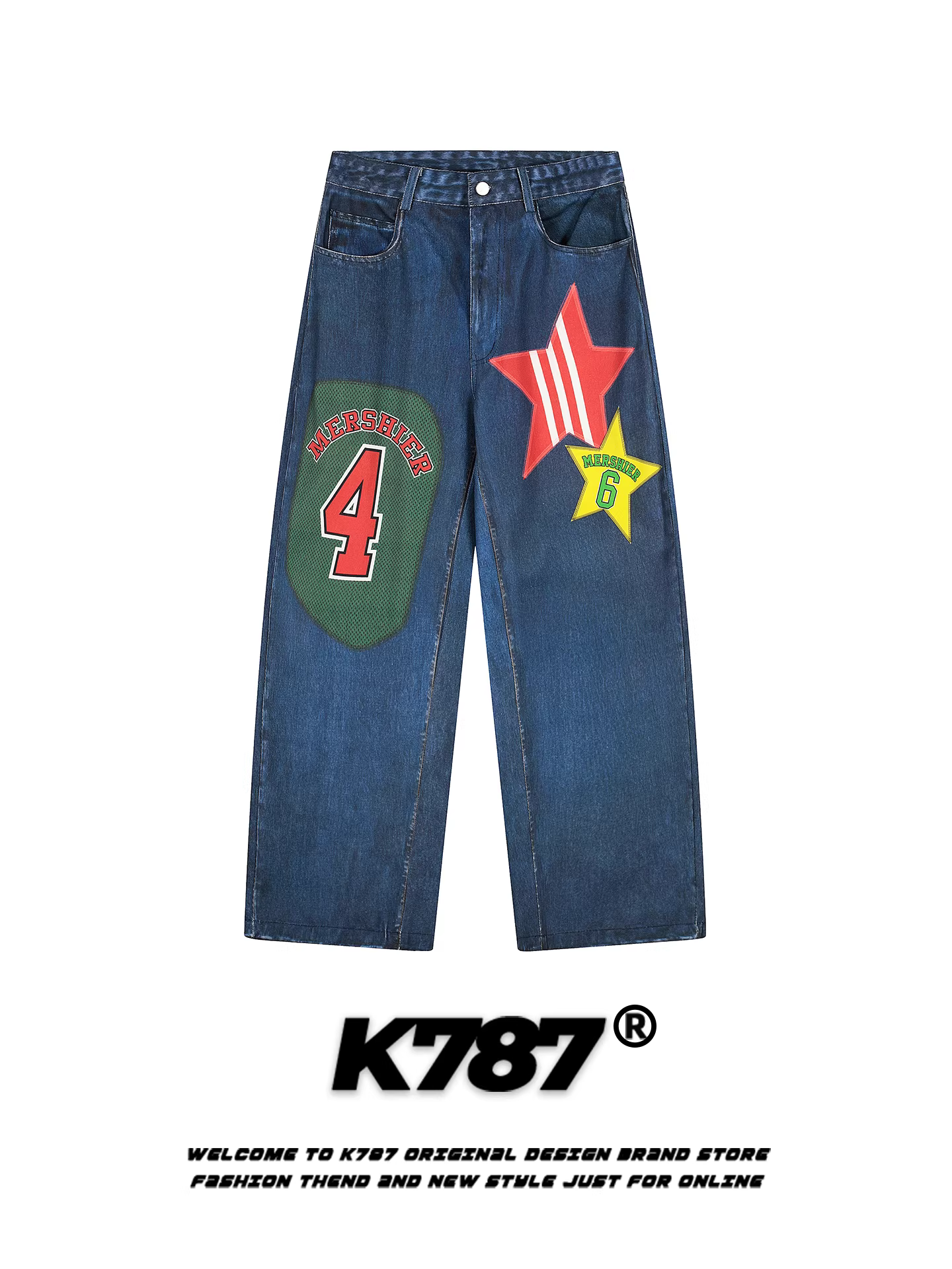 Quần jeans unisex cạp cao phong cách đường phố Mỹ K787, họa tiết chữ graffiti, chất liệu denim, kiểu dáng xu hướng, đa năng, rộng rãi, ống thẳng.