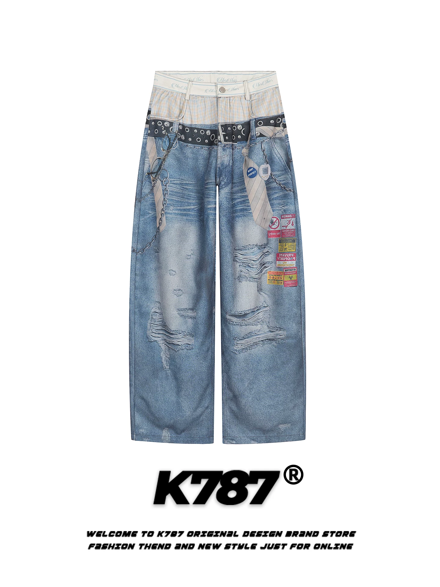 Quần jeans in họa tiết kỹ thuật số phong cách đường phố Mỹ K787, dành cho nam và nữ, thiết kế giả hai mảnh, dáng thẳng ống rộng