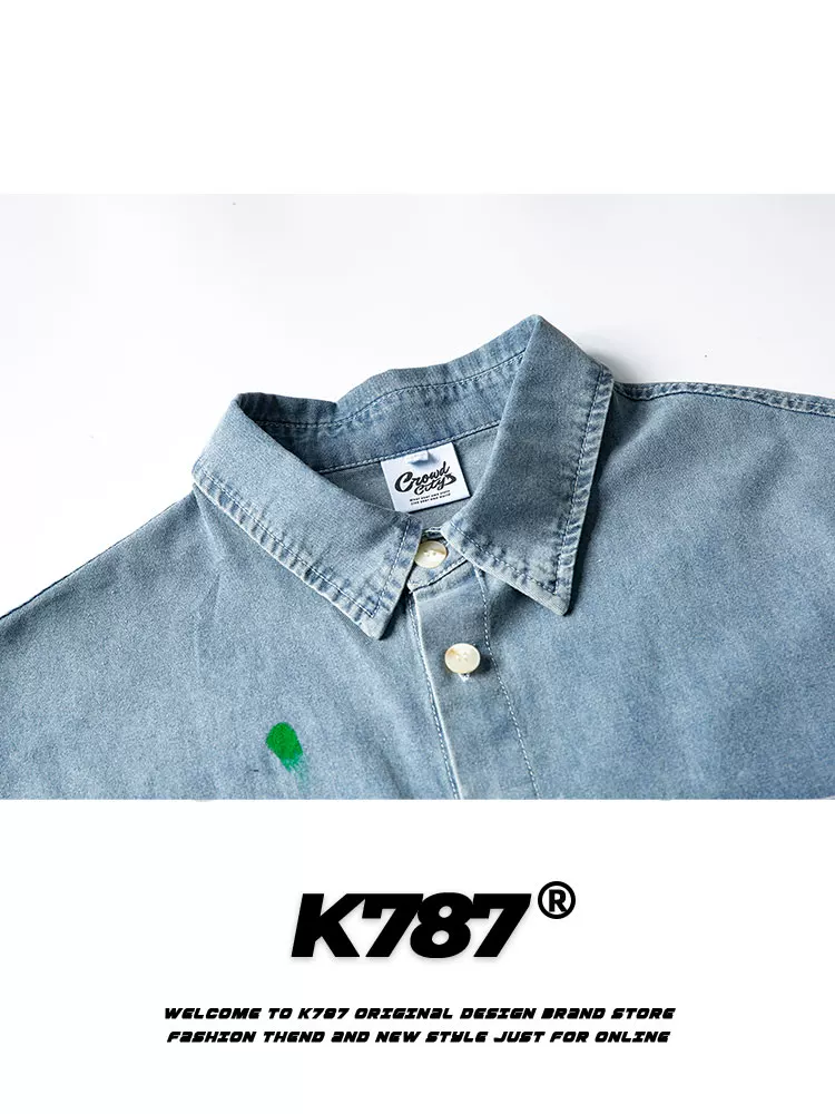 Áo sơ mi denim ngắn tay họa tiết graffiti retro Mỹ K787 dành cho nam và nữ, kiểu dáng vintage, chất liệu washed, form rộng, mặc đôi