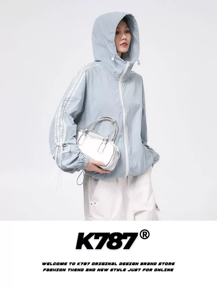 Áo khoác chống nắng ngoài trời ba sọc K787 dành cho nam và nữ, UPF50+, có mũ trùm đầu kiểu nơ