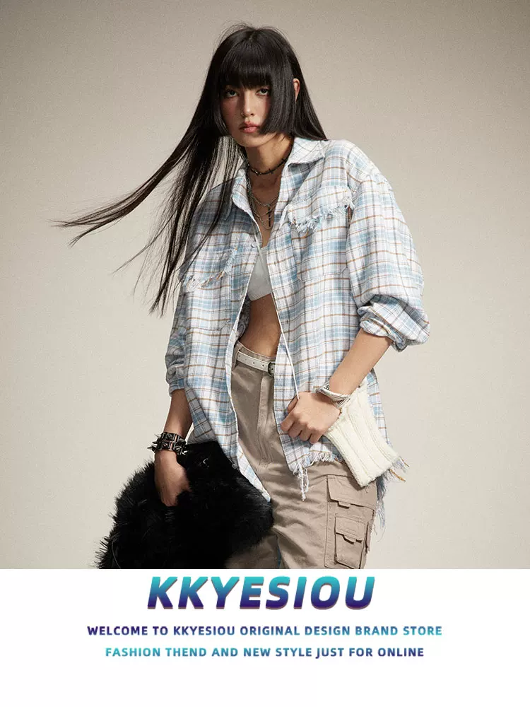 Áo sơ mi dài tay kiểu Mỹ cổ điển kẻ sọc KKyesiou dành cho nam và nữ, áo khoác cặp đôi mùa xuân cổ điển