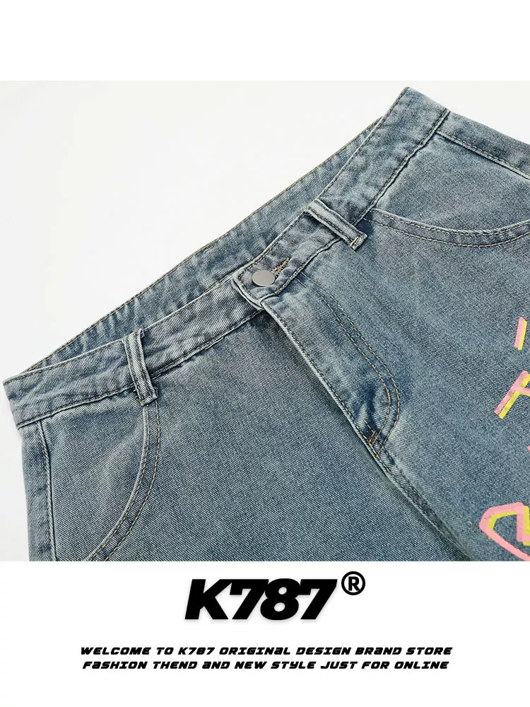 Quần jeans in chữ graffiti phong cách đường phố Mỹ K787 dành cho nam và nữ, cạp cao, đã qua xử lý làm mềm, dáng rộng ống thẳng