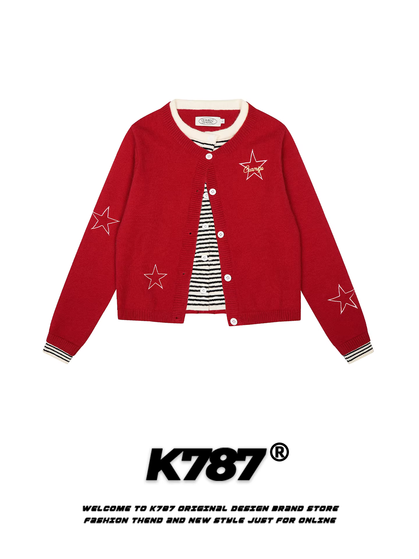 Áo len giả hai mảnh kiểu Mỹ cổ điển K787 dành cho nữ, kiểu dáng lười biếng, màu đỏ, chất liệu len đan.