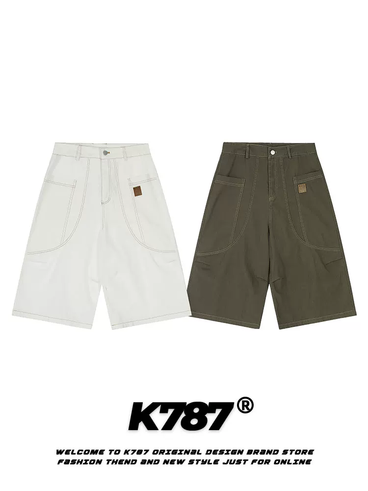 Quần short denim trắng may viền kiểu Mỹ cổ điển K787, dáng rộng, unisex, đa năng, thích hợp đi làm, cạp cao, kiểu ngắn