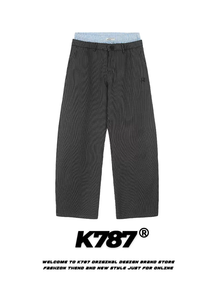 K787 Quần công sở chắp vá sọc cổ điển kiểu Mỹ phong cách Trung Hoa dành cho nam và nữ, quần ống đứng thiết kế giả hai mảnh phong cách hip-hop