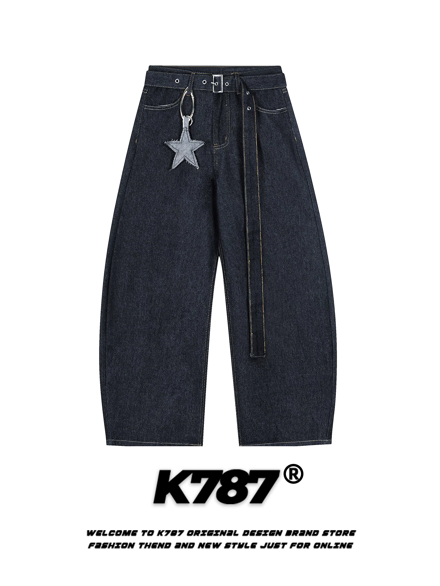 Quần jeans unisex cạp cao dáng rộng phong cách hip-hop, kiểu dáng retro Mỹ, họa tiết sao K787, dáng rộng thoải mái